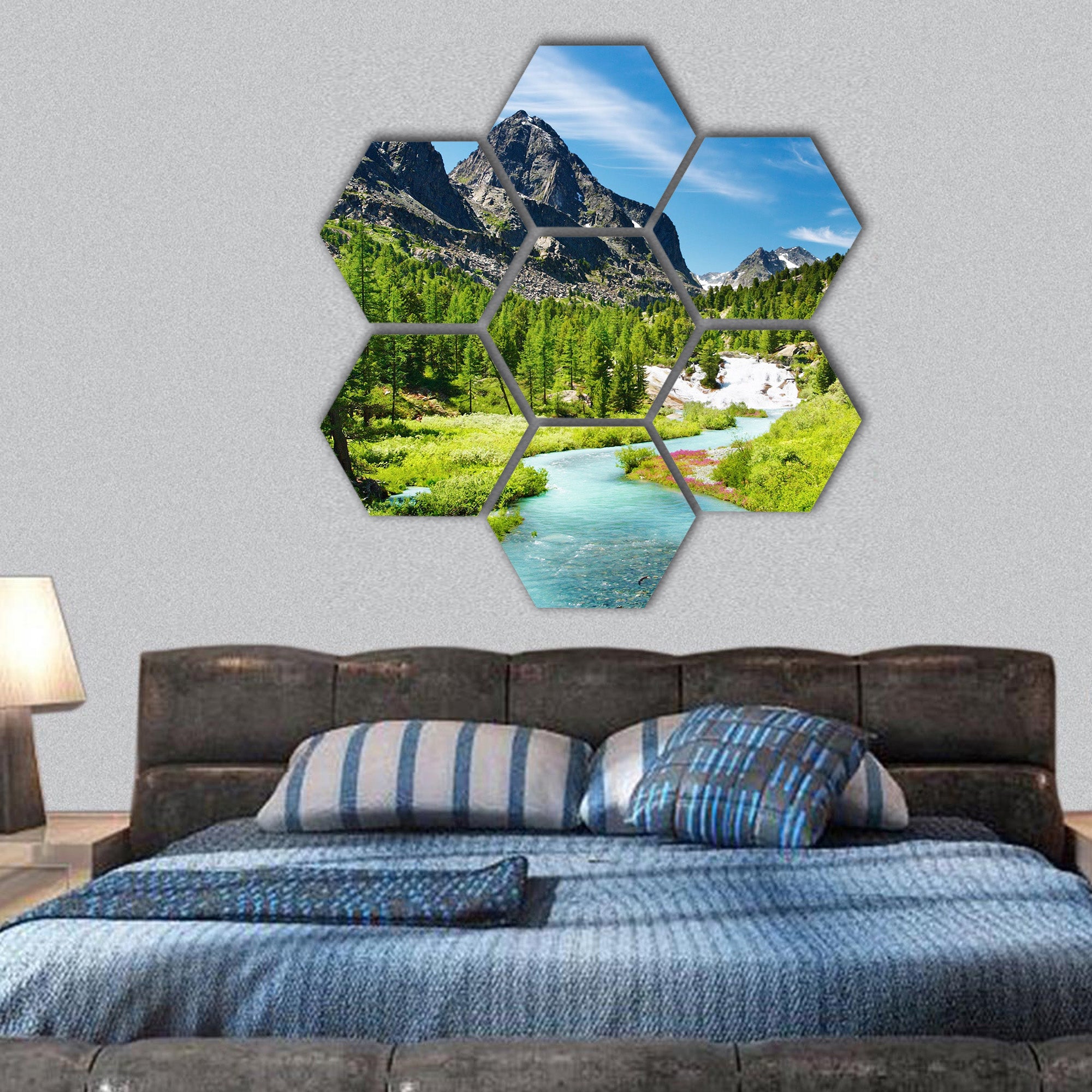 Mountain landscape with river and forest hexagonal canvas wall art