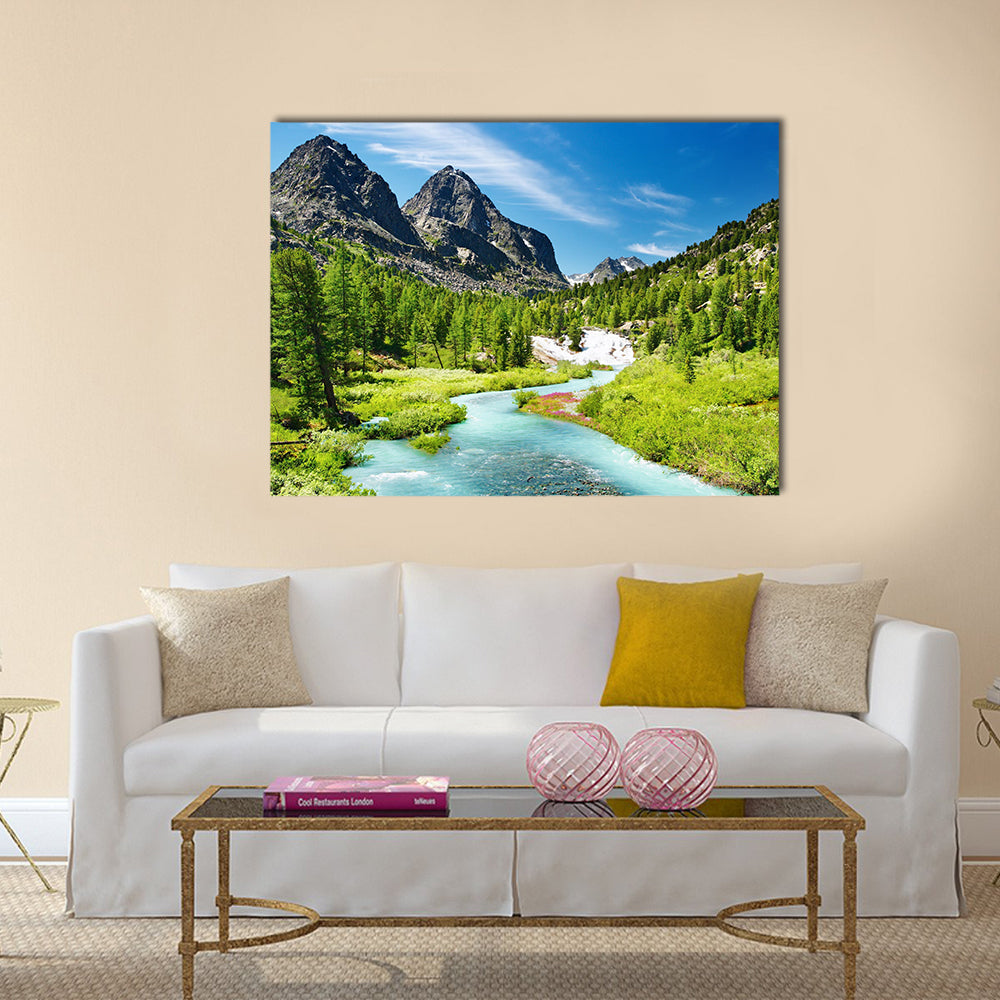 Mountain landscape with river and forest Multi Panel Canvas Wall Art