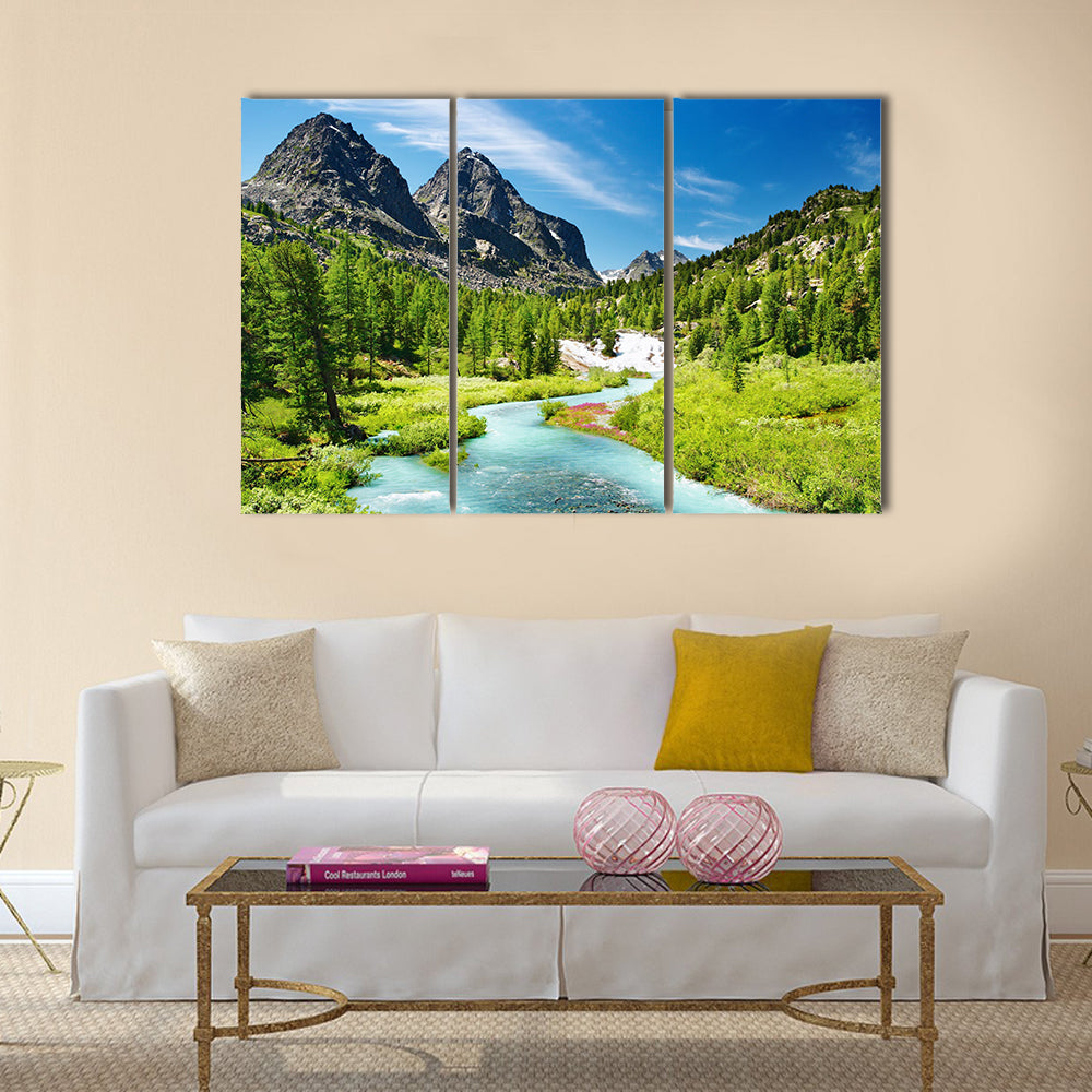 Mountain landscape with river and forest Multi Panel Canvas Wall Art