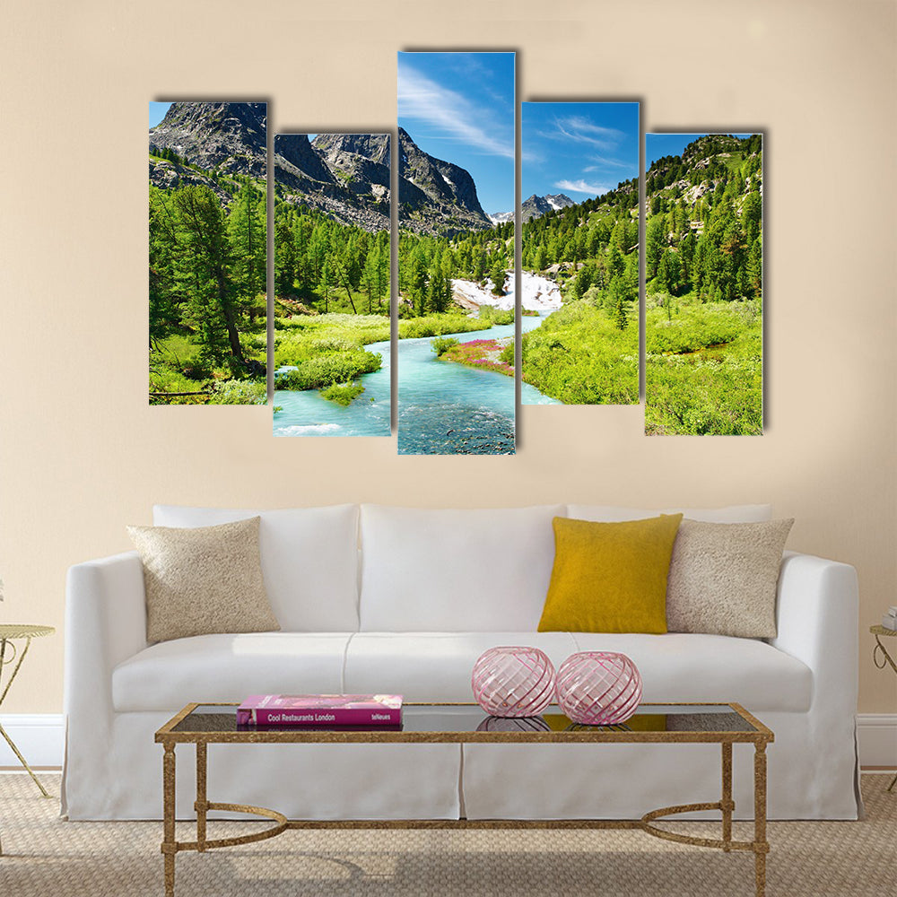 Mountain landscape with river and forest Multi Panel Canvas Wall Art