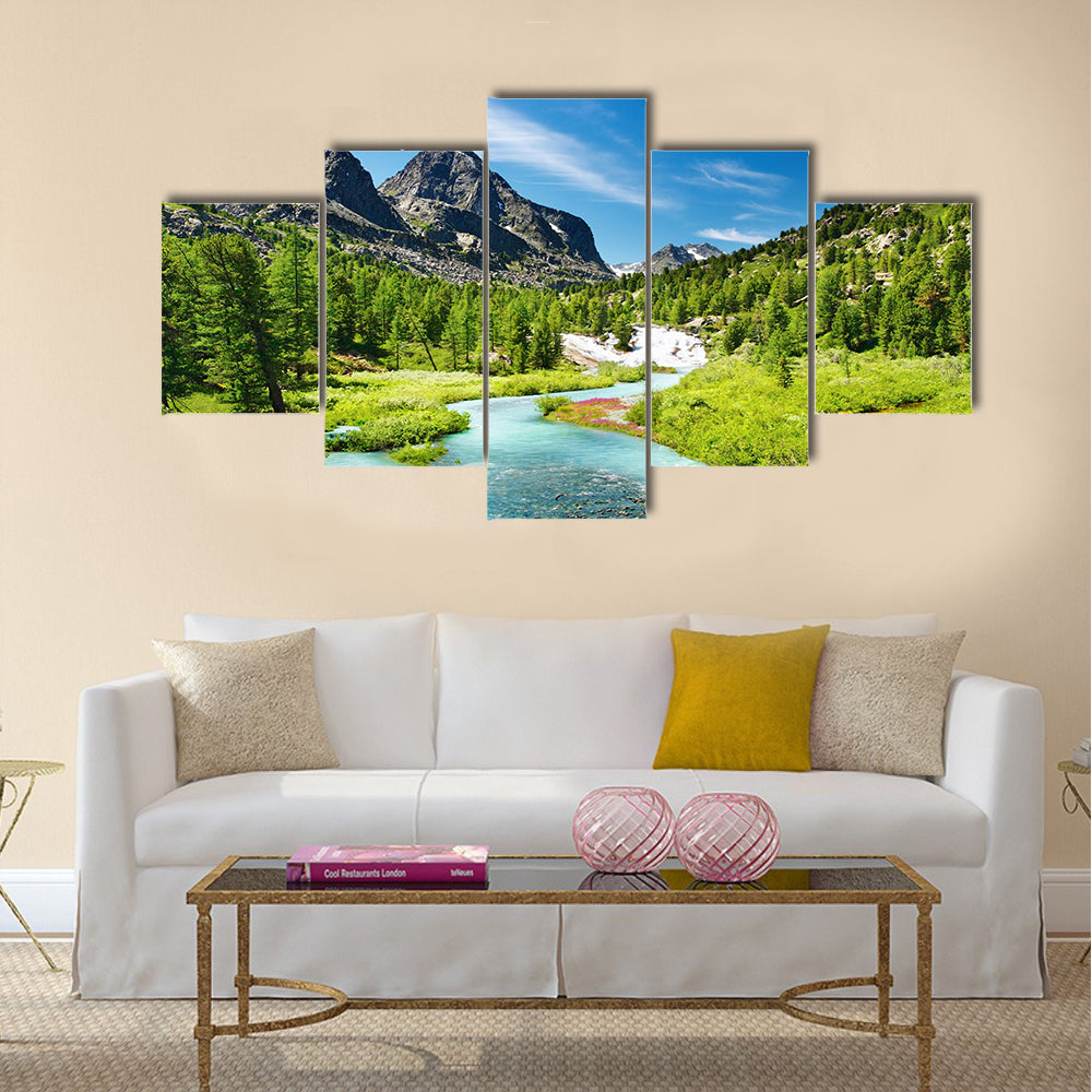 Mountain landscape with river and forest Multi Panel Canvas Wall Art