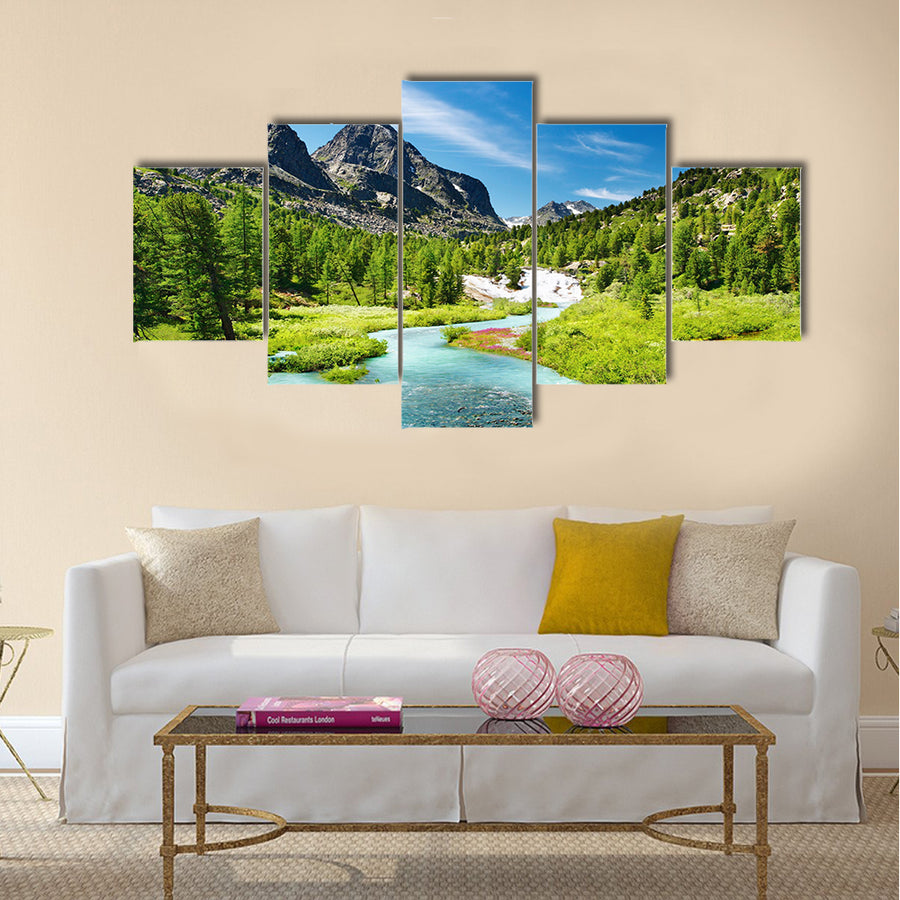 Mountain landscape with river and forest Multi Panel Canvas Wall Art