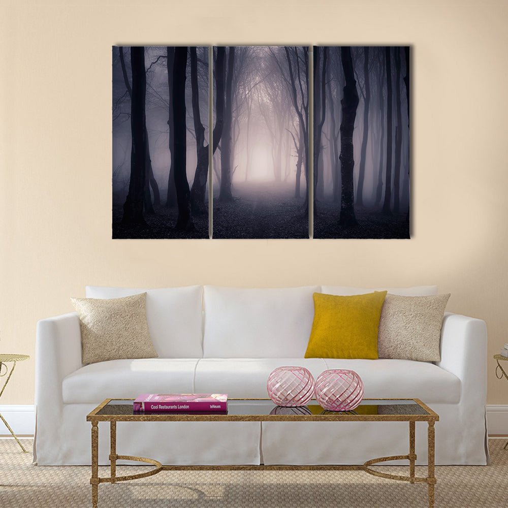 Path trough a dark mysterious forest with fog on Halloween multi panel canvas wall art