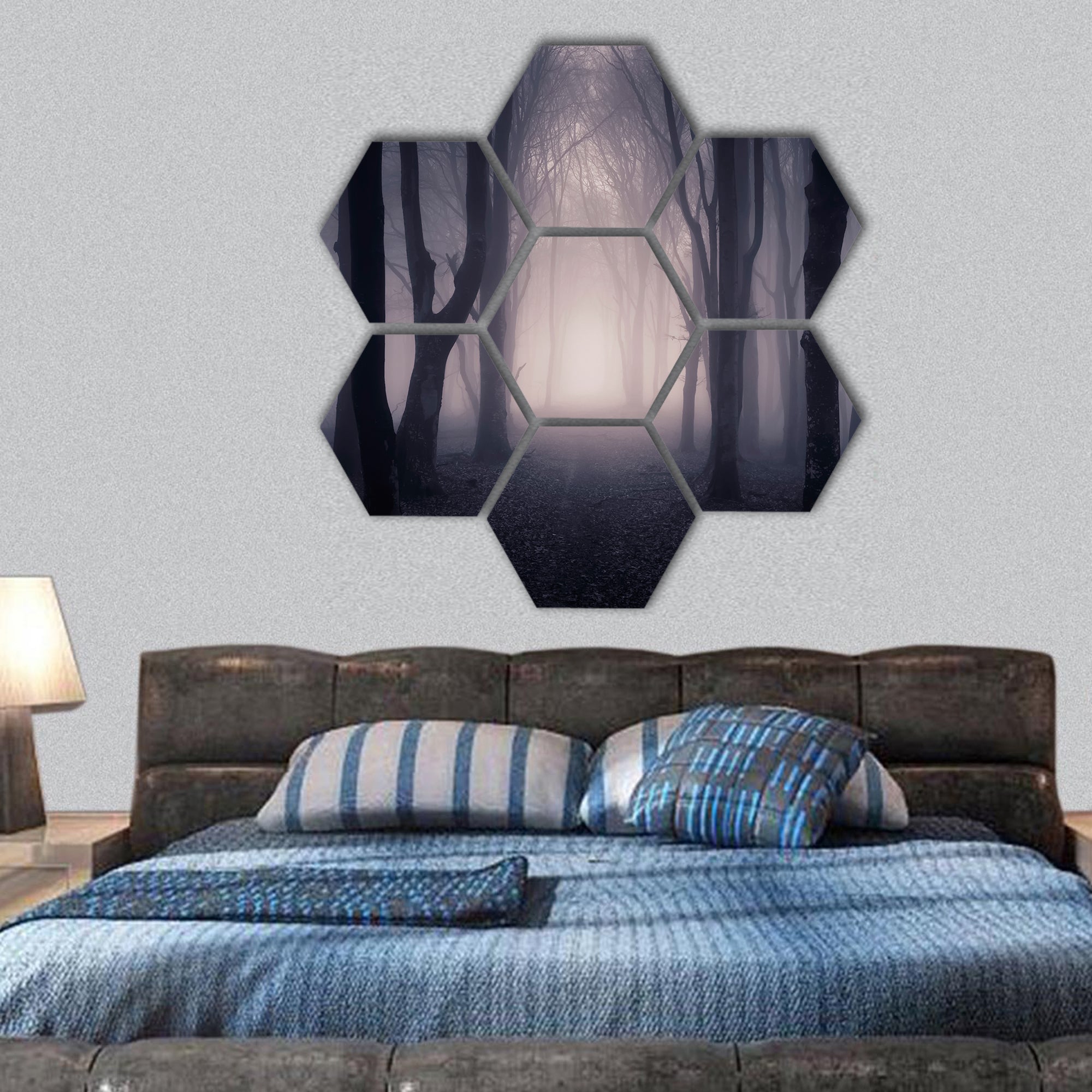 Path trough a dark mysterious forest with fog on Halloween hexagonal canvas wall art