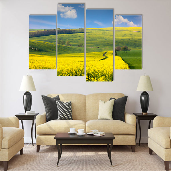 Panoramic landscape of colorful yellow green hills Multi Panel Canvas Wall Art