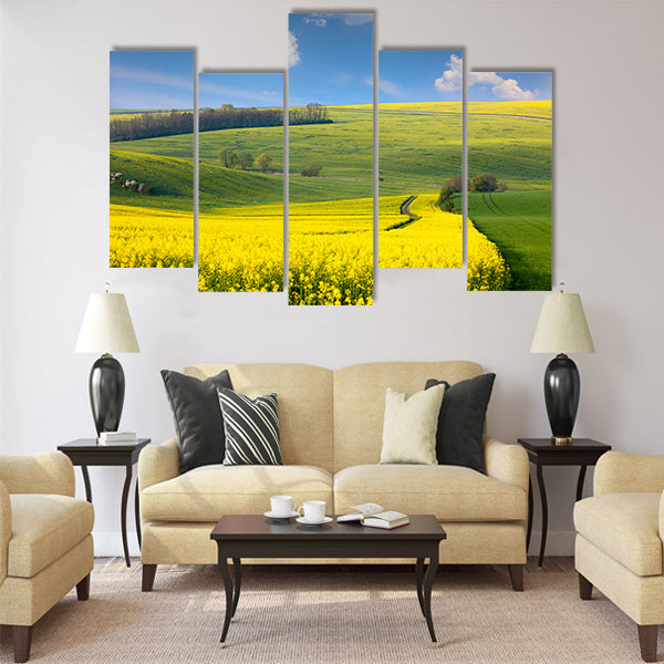 Panoramic landscape of colorful yellow green hills Multi Panel Canvas Wall Art
