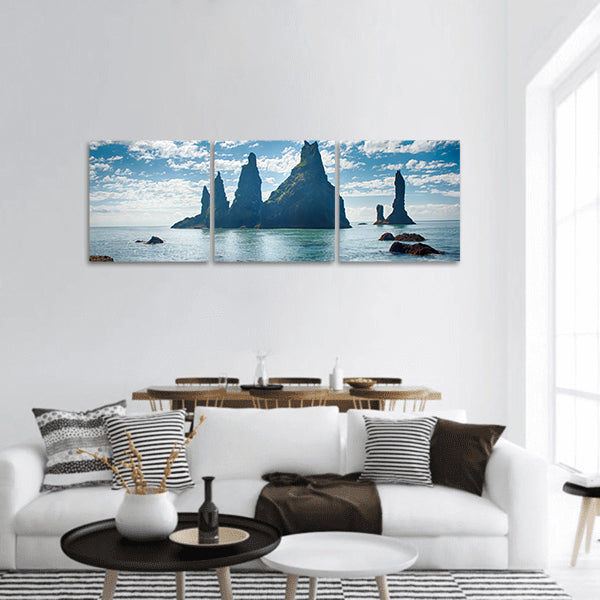 Reynisdrangar rock formations near Vik, Iceland Panoramic Canvas Wall Art