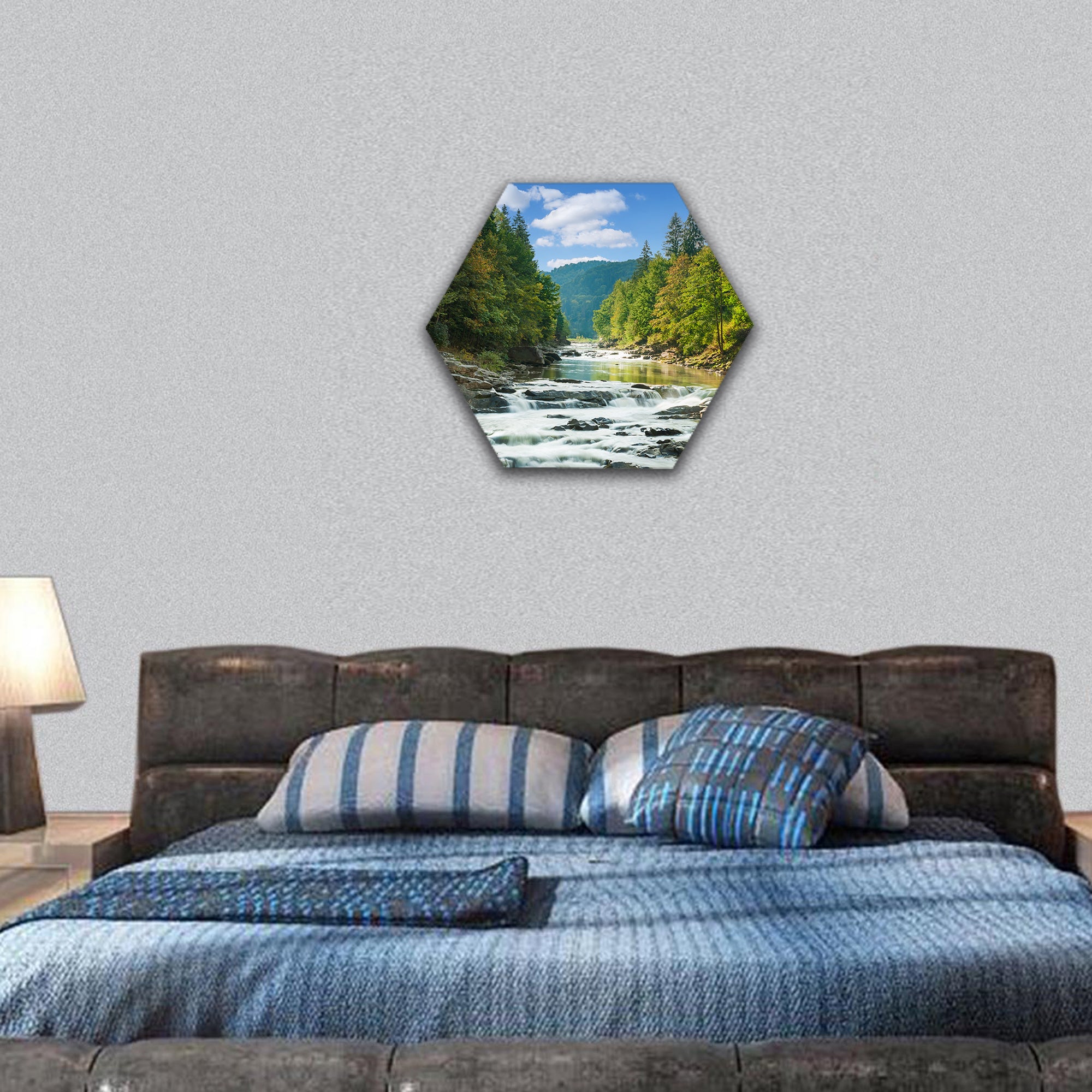 Mountain river with waterfall hexagonal canvas wall art