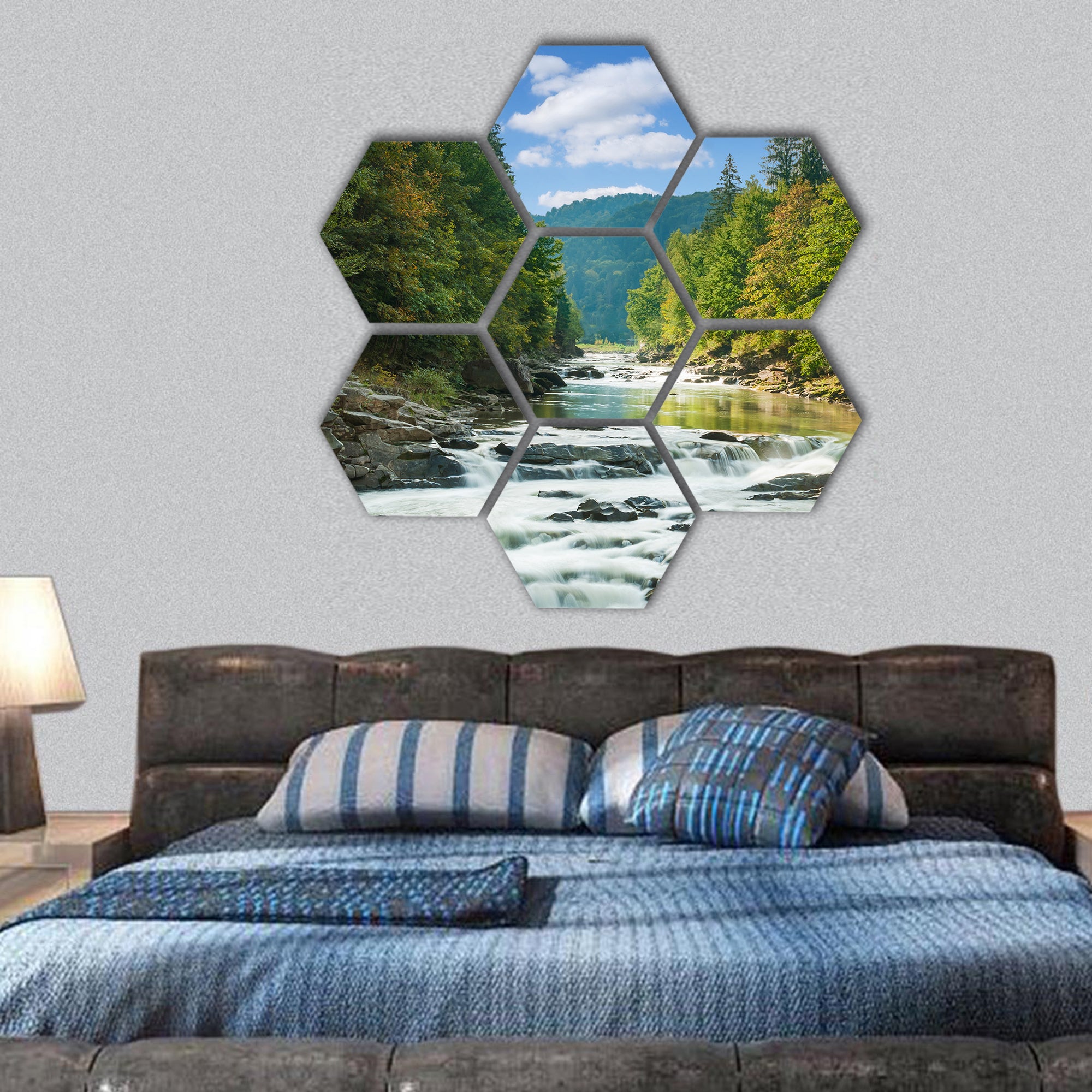 Mountain river with waterfall hexagonal canvas wall art
