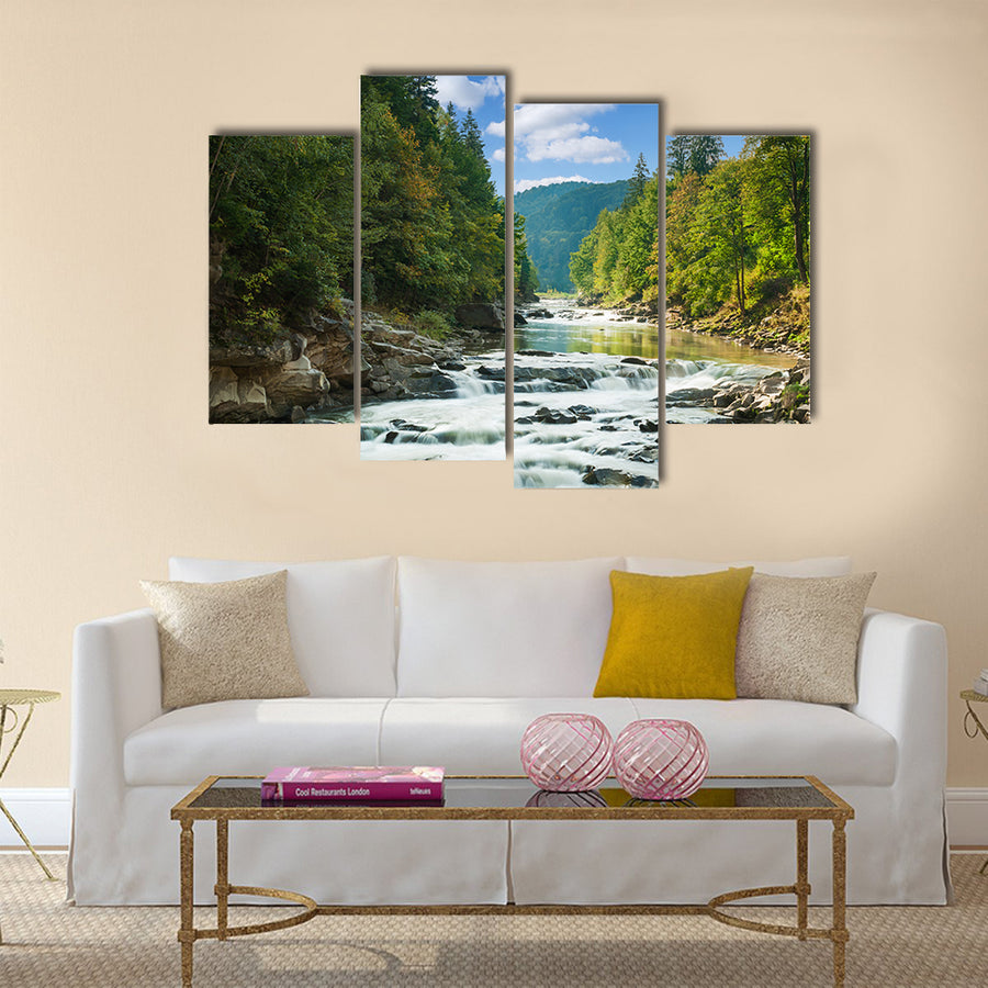 Mountain river with waterfall Multi Panel Canvas Wall Art