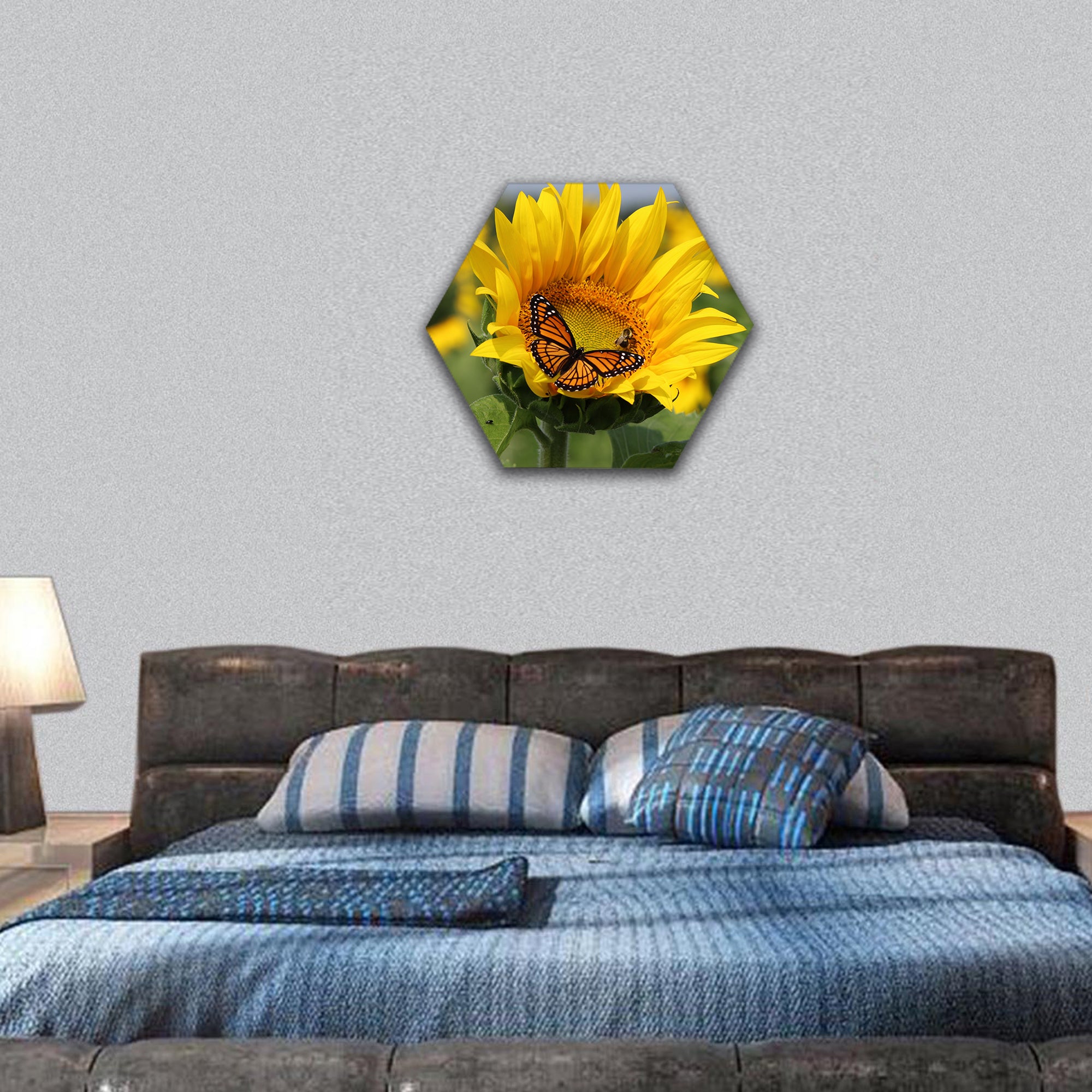 Monarch and a bee on a sunflower hexagonal canvas wall art