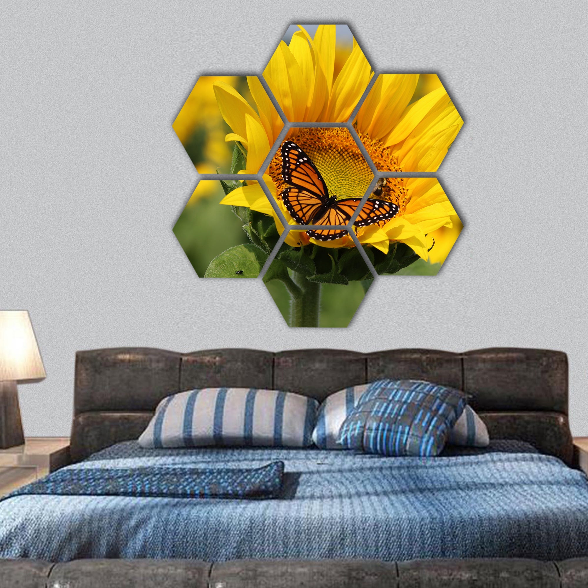 Monarch and a bee on a sunflower hexagonal canvas wall art