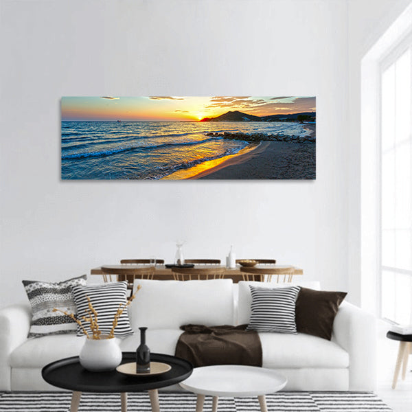 Sunrise view from beach , Summer coastline Ionian Sea Panoramic Canvas Wall Art