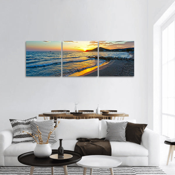 Sunrise view from beach , Summer coastline Ionian Sea Panoramic Canvas Wall Art