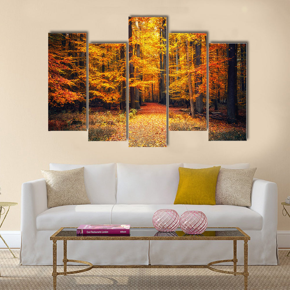 Pathway in the autumn park Multi panel canvas wall art