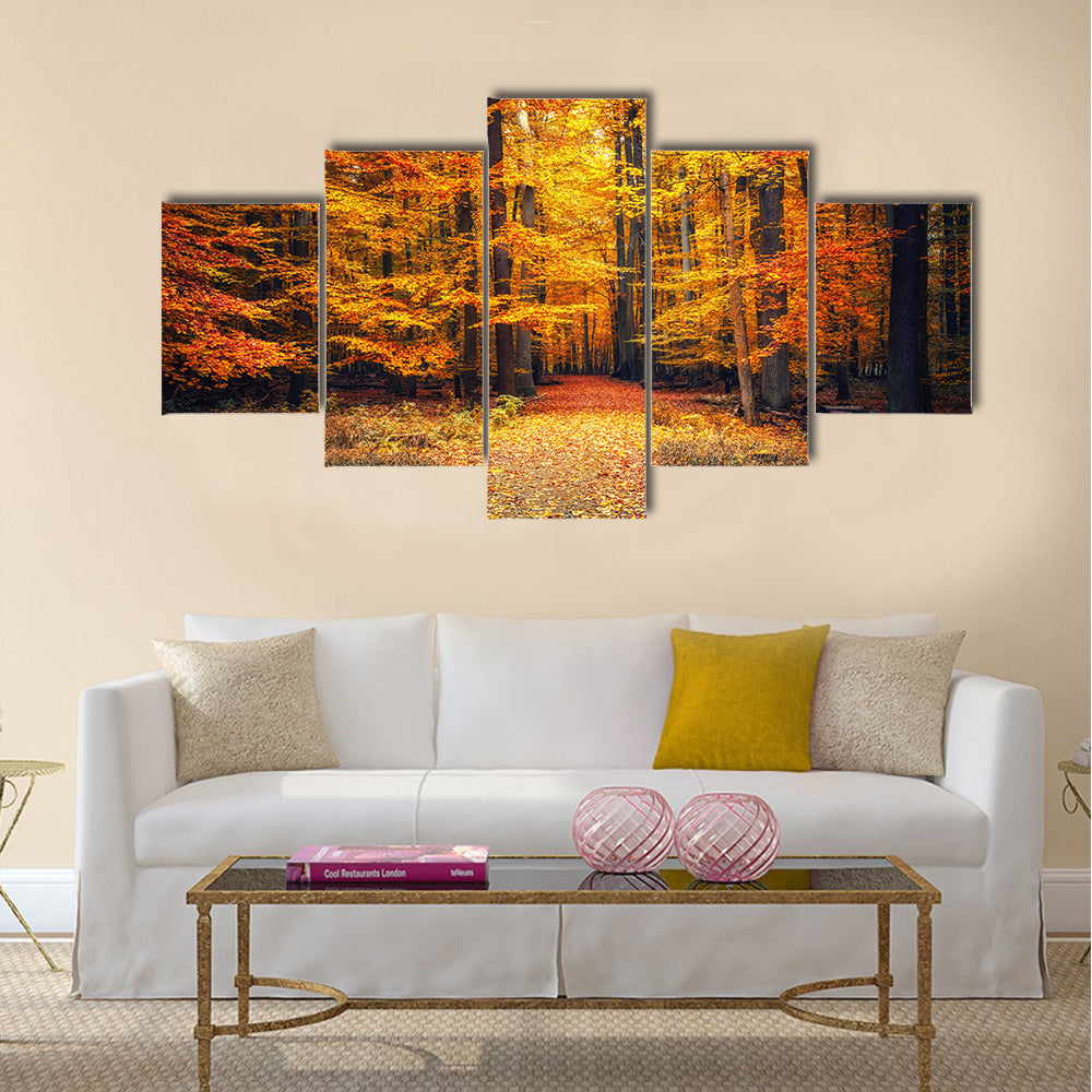 Pathway in the autumn park Multi panel canvas wall art