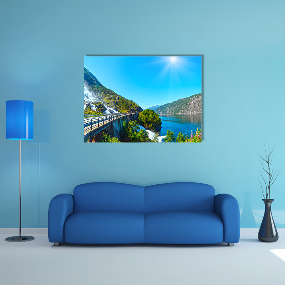Summer mountain Langfossen waterfall on slope multi panel canvas wall art