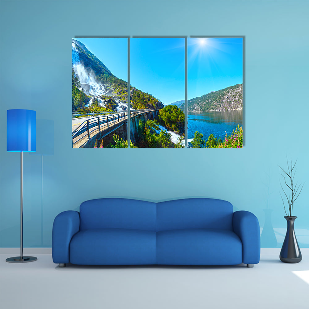 Summer mountain Langfossen waterfall on slope multi panel canvas wall art