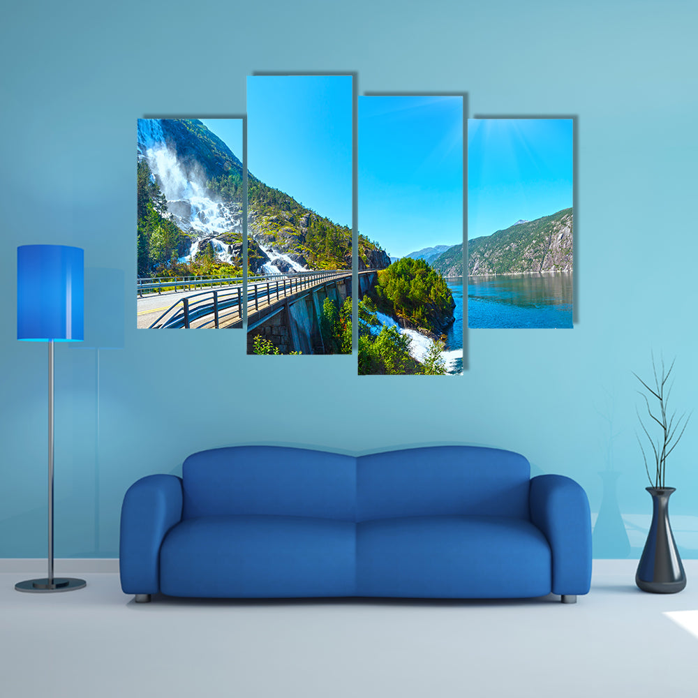 Summer mountain Langfossen waterfall on slope multi panel canvas wall art