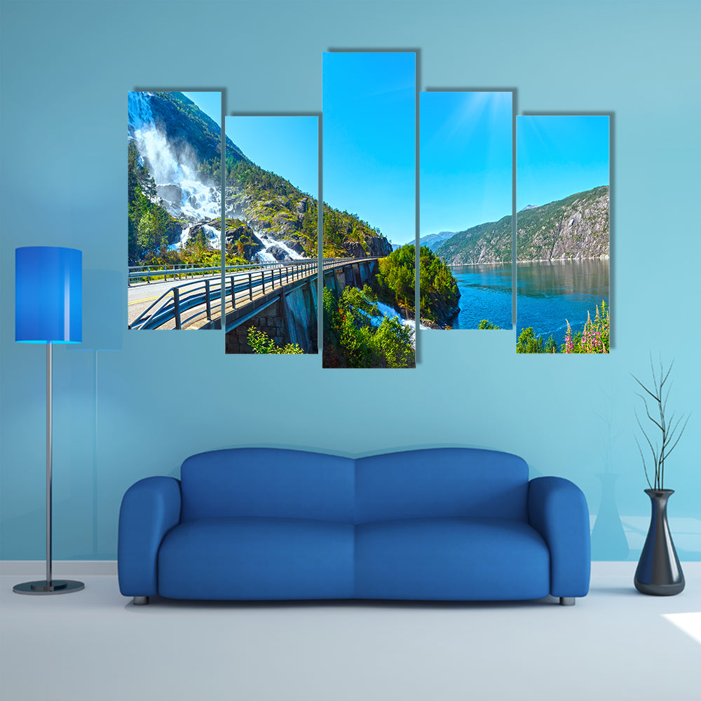 Summer mountain Langfossen waterfall on slope multi panel canvas wall art