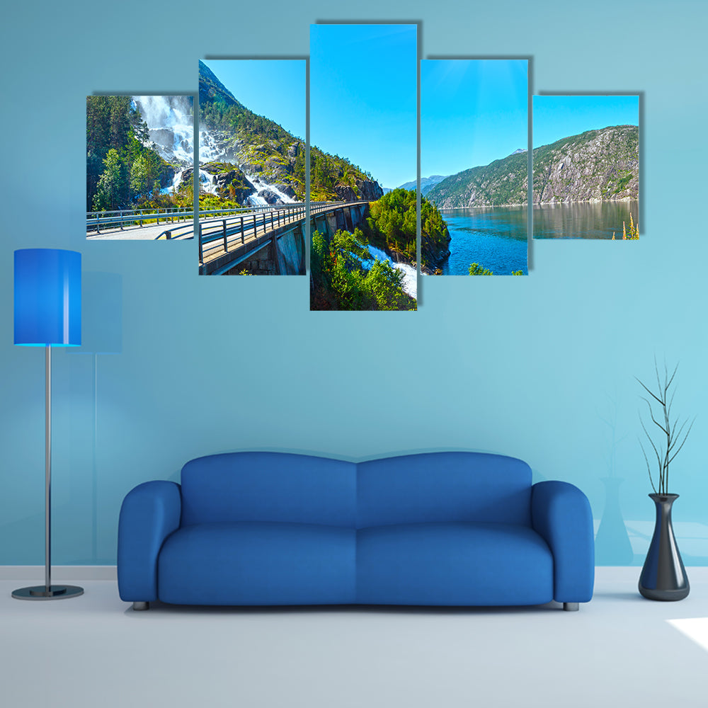 Summer mountain Langfossen waterfall on slope multi panel canvas wall art
