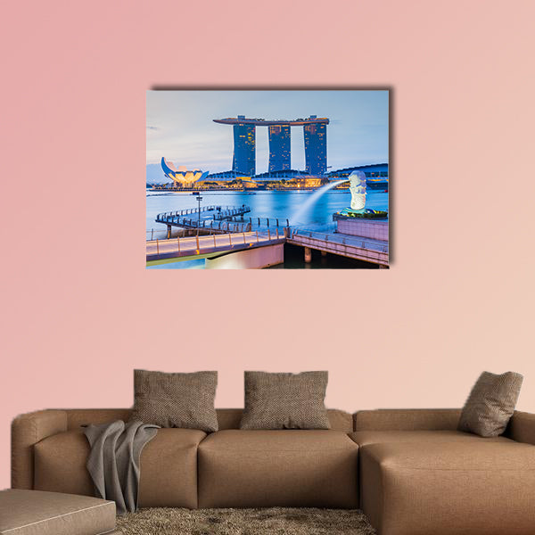 Marina Bay skyline and Merlion in the morning multi panel canvas wall art