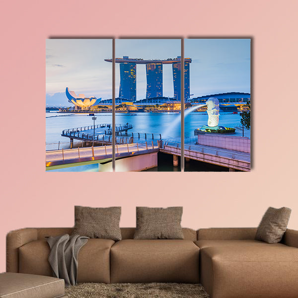 Marina Bay skyline and Merlion in the morning multi panel canvas wall art