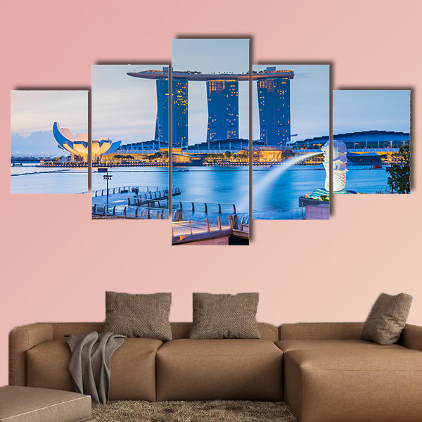 Marina Bay skyline and Merlion in the morning multi panel canvas wall art