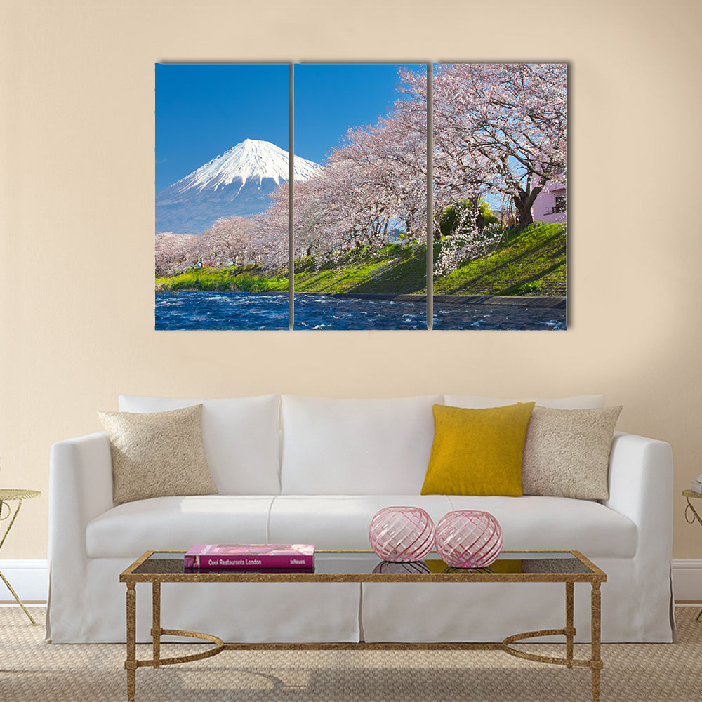 Mountain Fuji and cherry blossom sakura in spring season Multi Panel Canvas Wall Art
