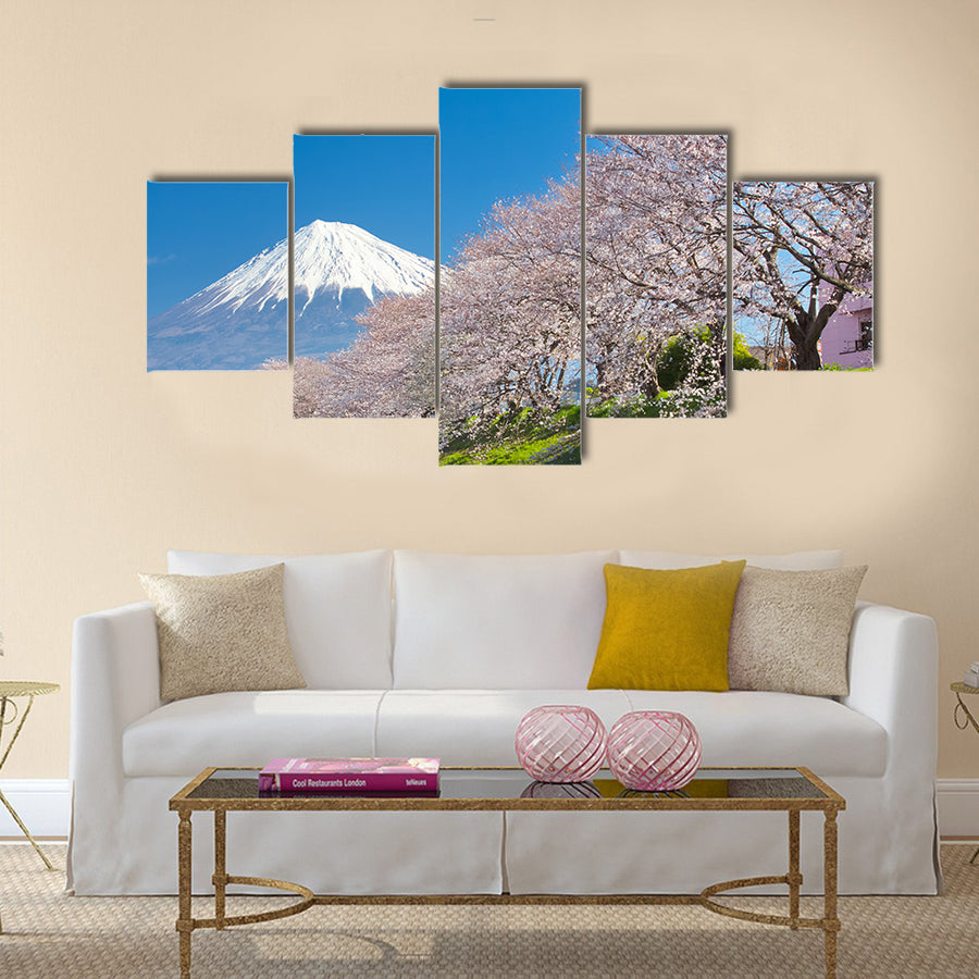 Mountain Fuji and cherry blossom sakura in spring season Multi Panel Canvas Wall Art