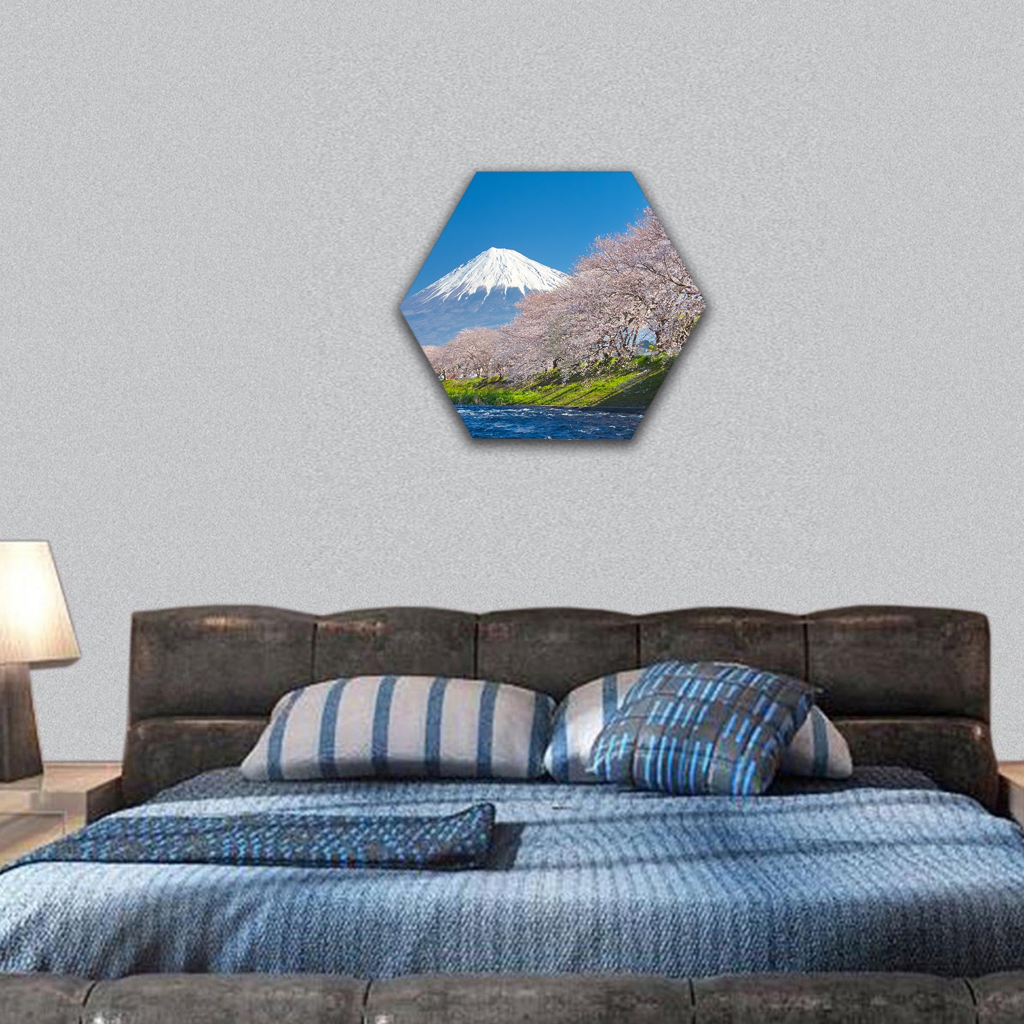 Mountain Fuji and cherry blossom sakura in spring season hexagonal canvas wall art