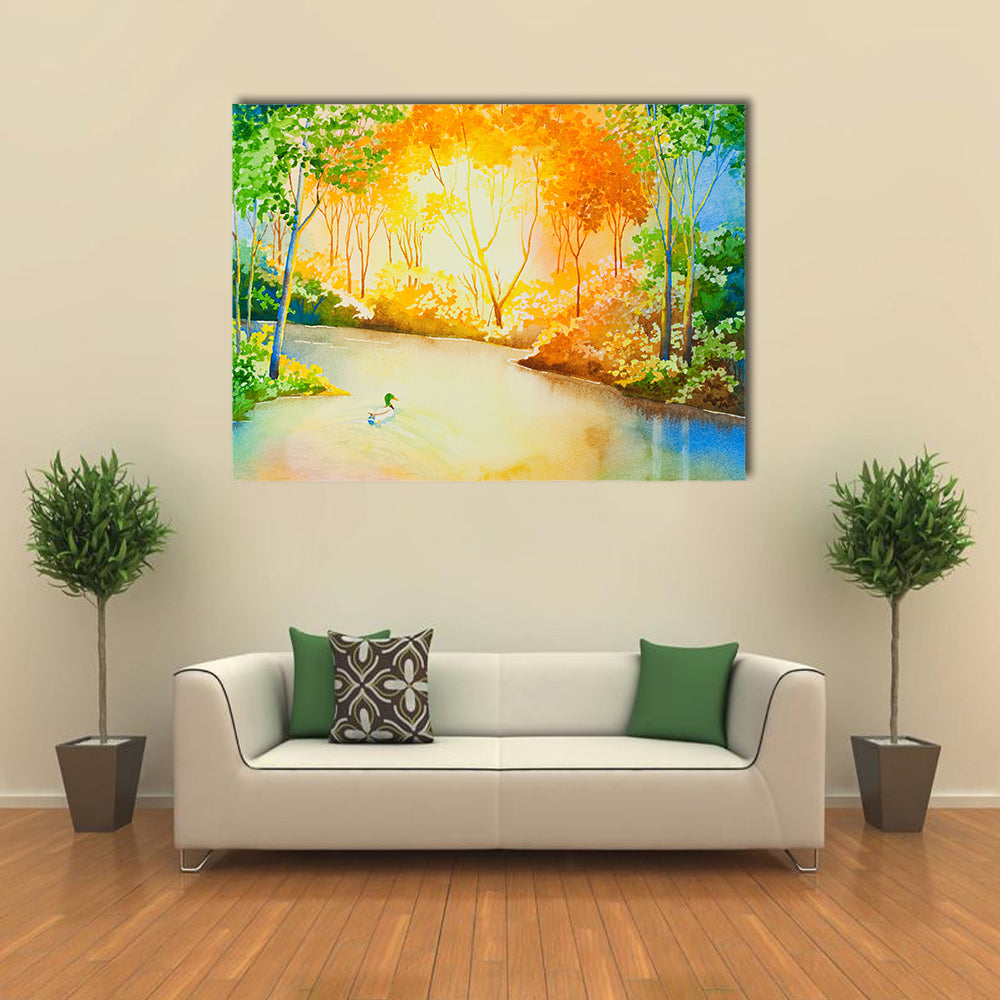 A Mallard Duck Floating Down a River, Illuminated by the Setting Sun An Original Water Color Multi Panel Canvas Wall Art