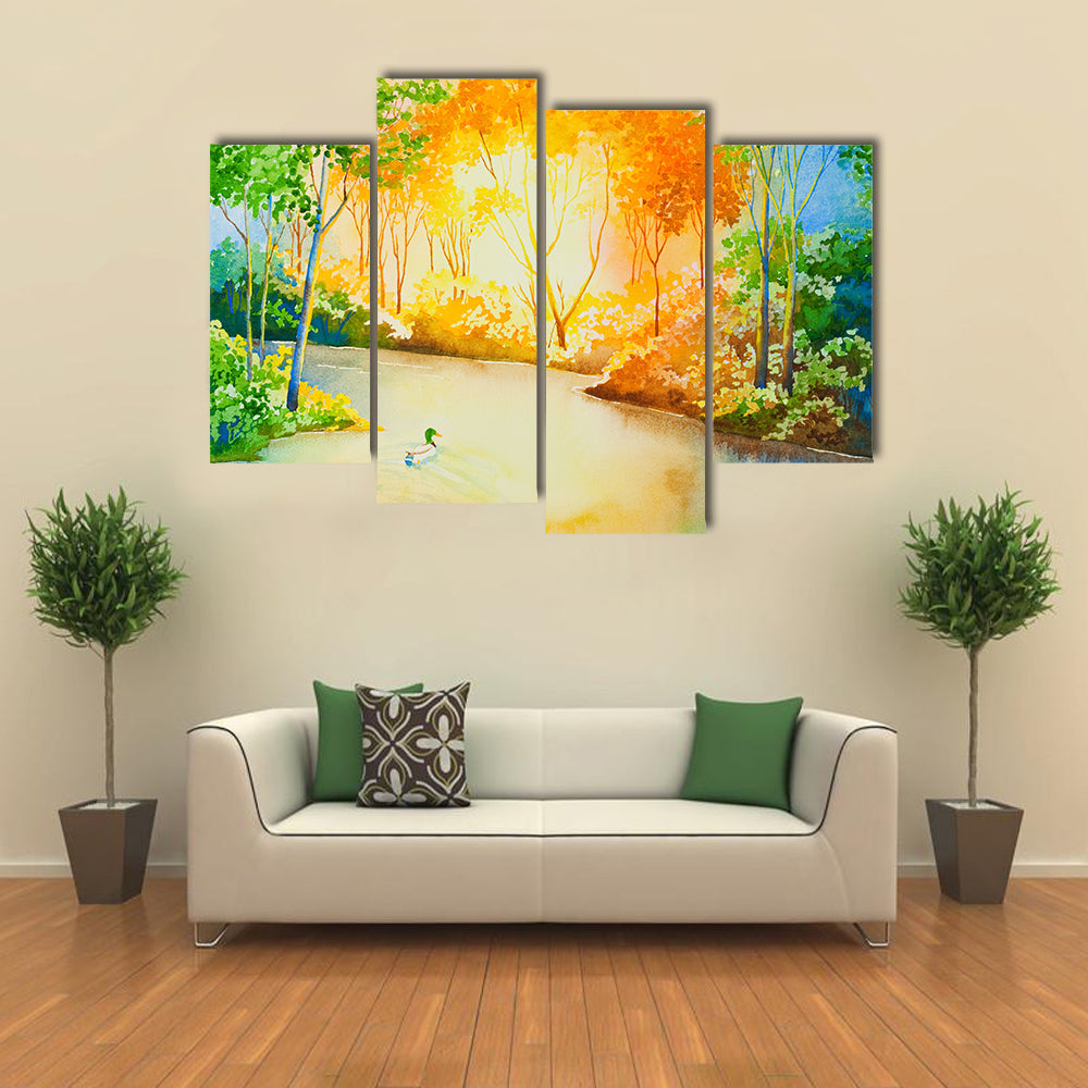 A Mallard Duck Floating Down a River, Illuminated by the Setting Sun An Original Water Color Multi Panel Canvas Wall Art