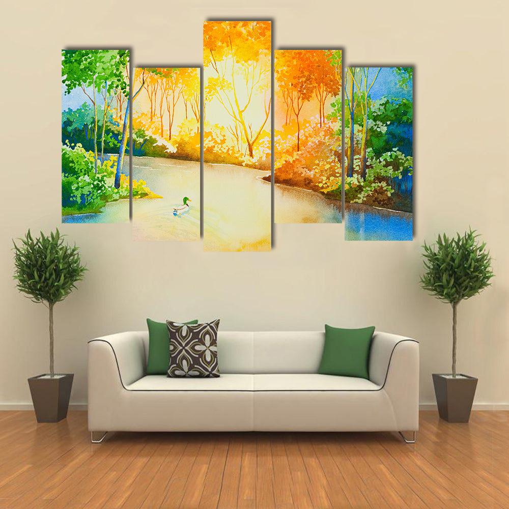 A Mallard Duck Floating Down a River, Illuminated by the Setting Sun An Original Water Color Multi Panel Canvas Wall Art