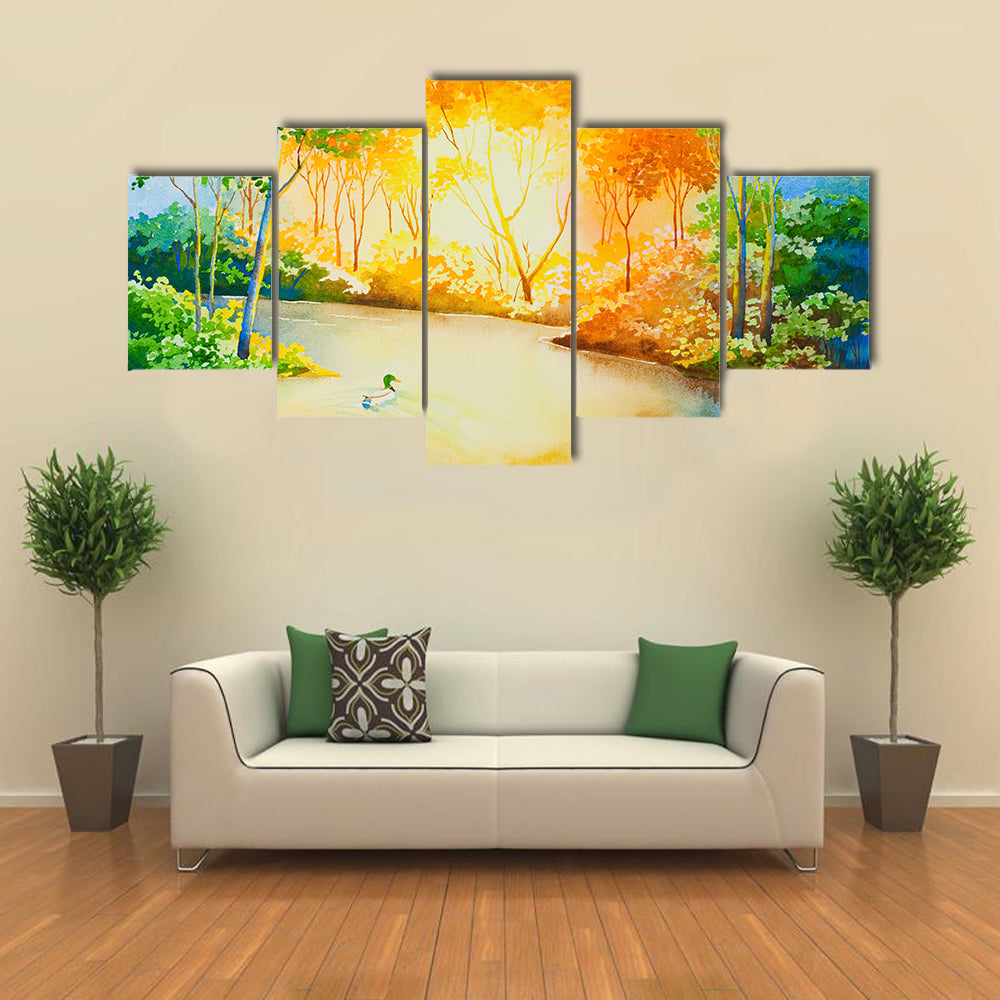 A Mallard Duck Floating Down a River, Illuminated by the Setting Sun An Original Water Color Multi Panel Canvas Wall Art