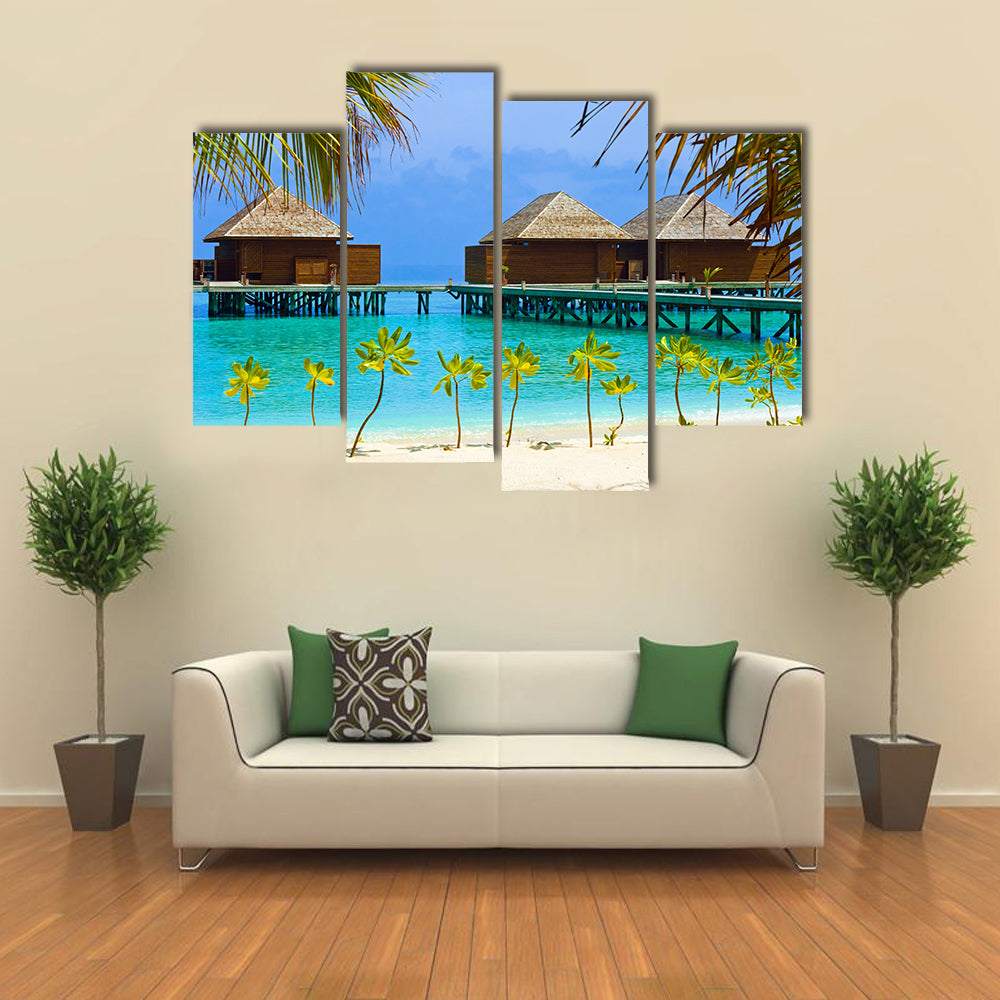 The Water Bungalows On A Tropical Island, Maldives, Multi Panel Canvas Wall Art