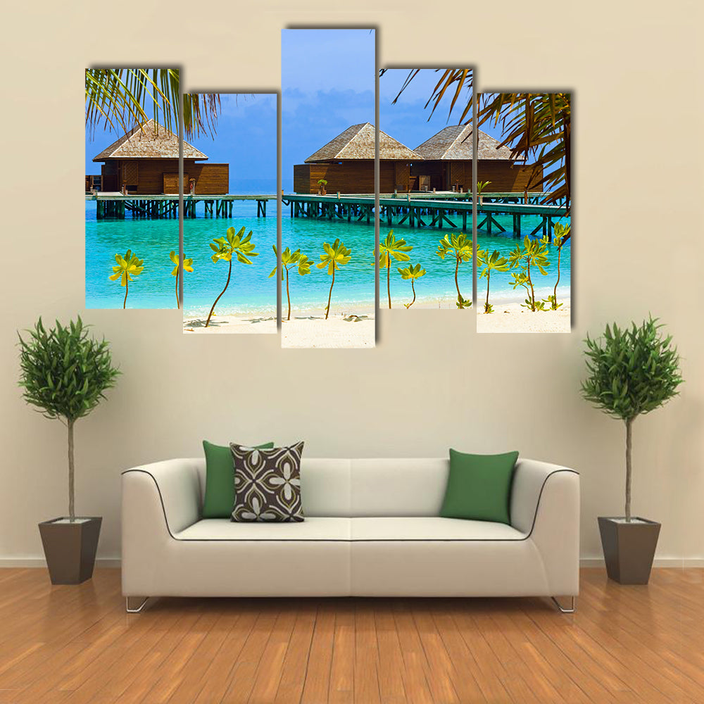 The Water Bungalows On A Tropical Island, Maldives, Multi Panel Canvas Wall Art