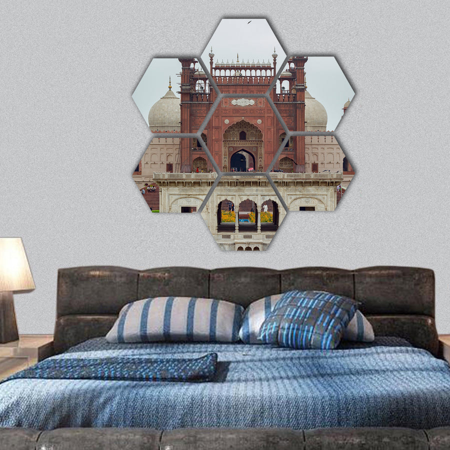 historical Badshahi Mosque in the old city center of Lahore hexagonal canvas wall art