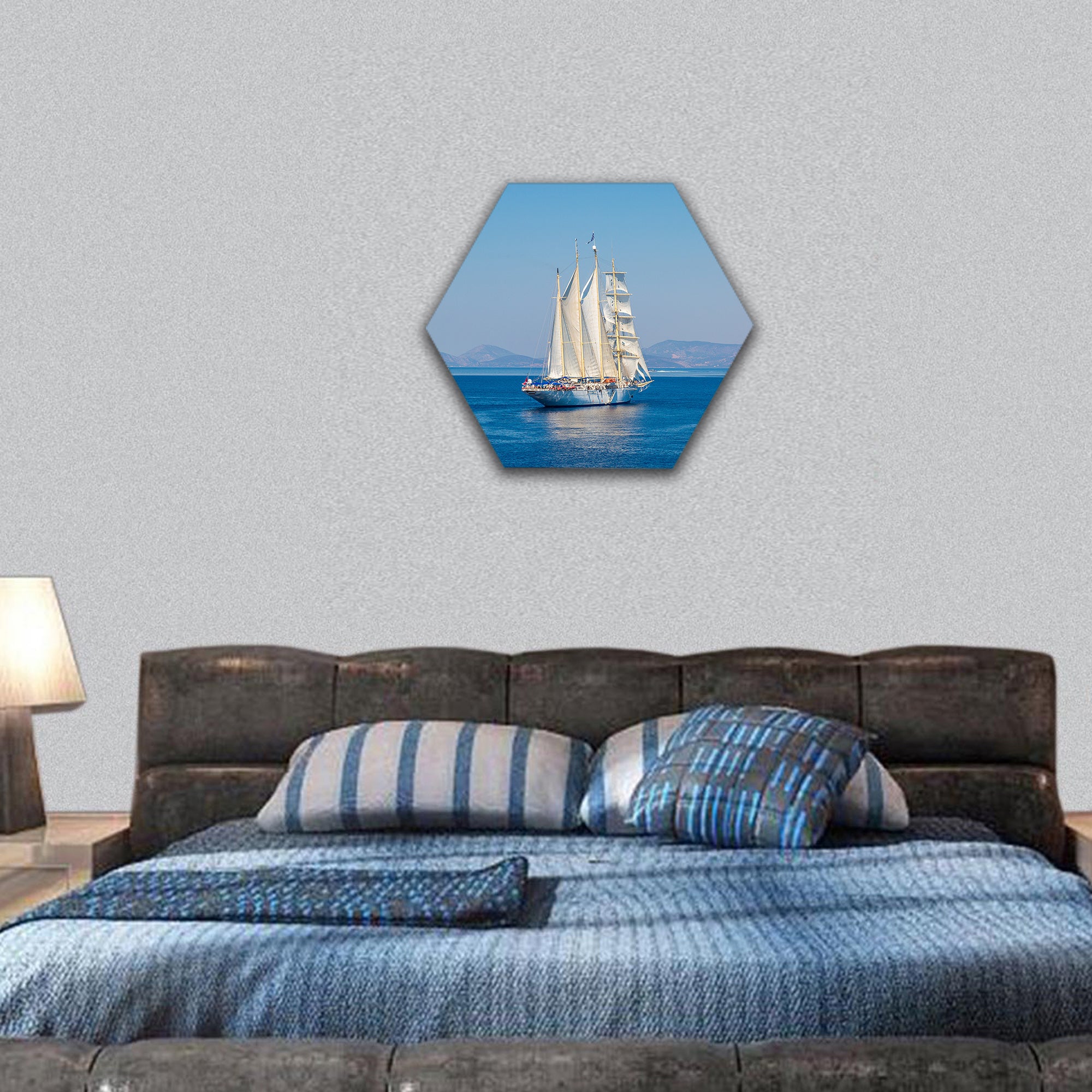 Sailing ship in a beautiful summer day hexagonal canvas wall art