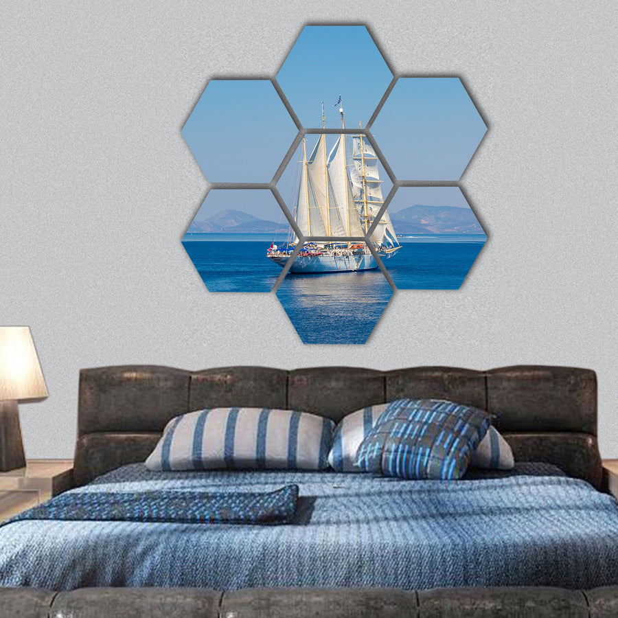 Sailing ship in a beautiful summer day hexagonal canvas wall art