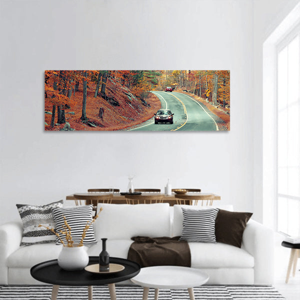 Autumn foliage in forest with road panoramic canvas wall art