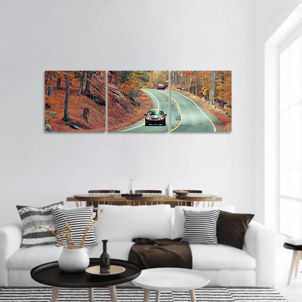 Autumn foliage in forest with road panoramic canvas wall art