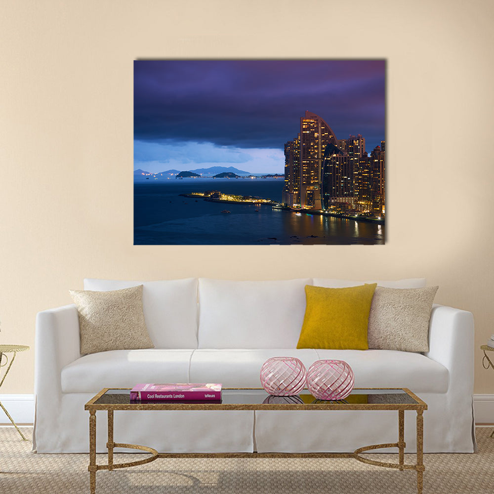Panama City, enter the Canal and the Trump Tower Skyscraper at sunset Multi panel canvas wall art