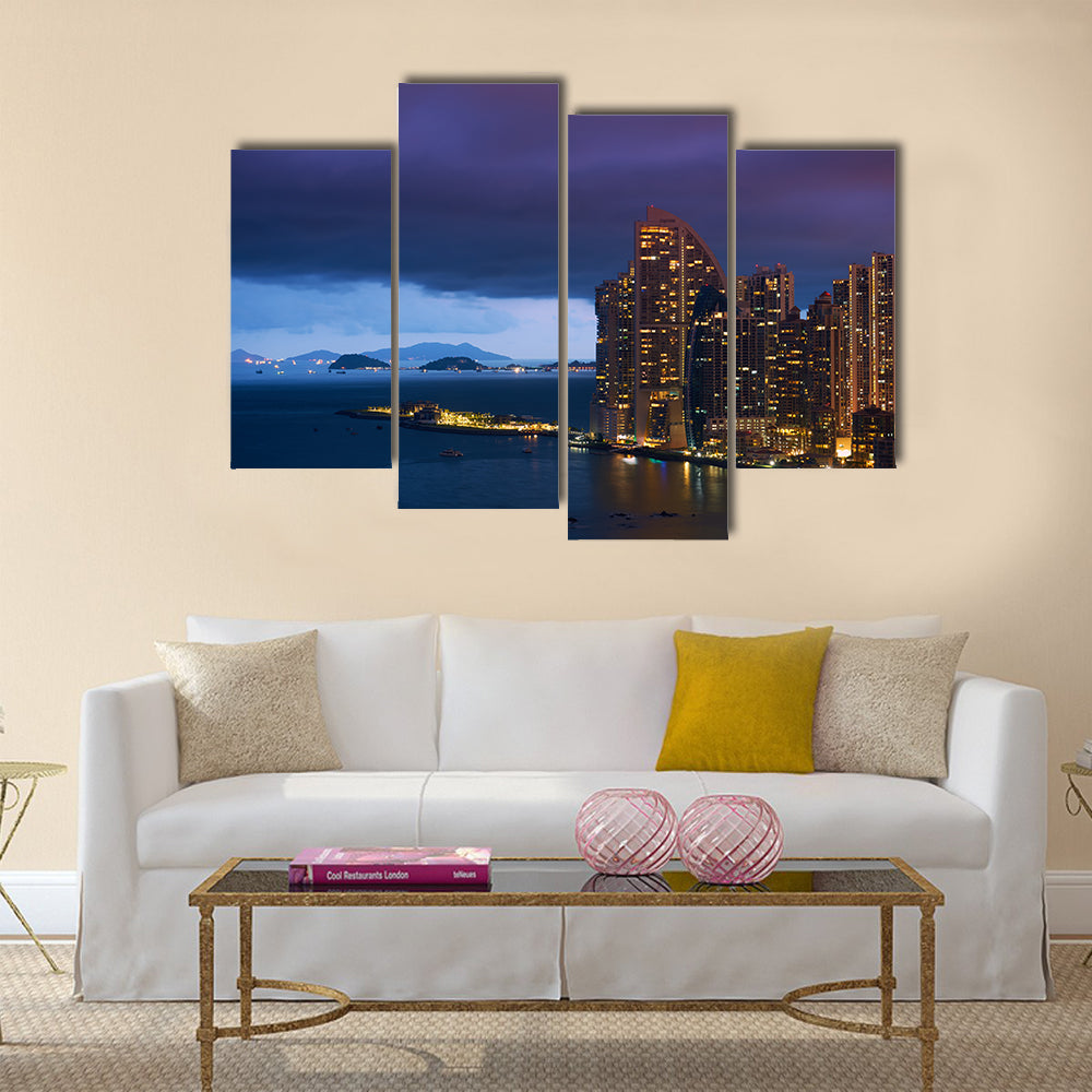 Panama City, enter the Canal and the Trump Tower Skyscraper at sunset Multi panel canvas wall art