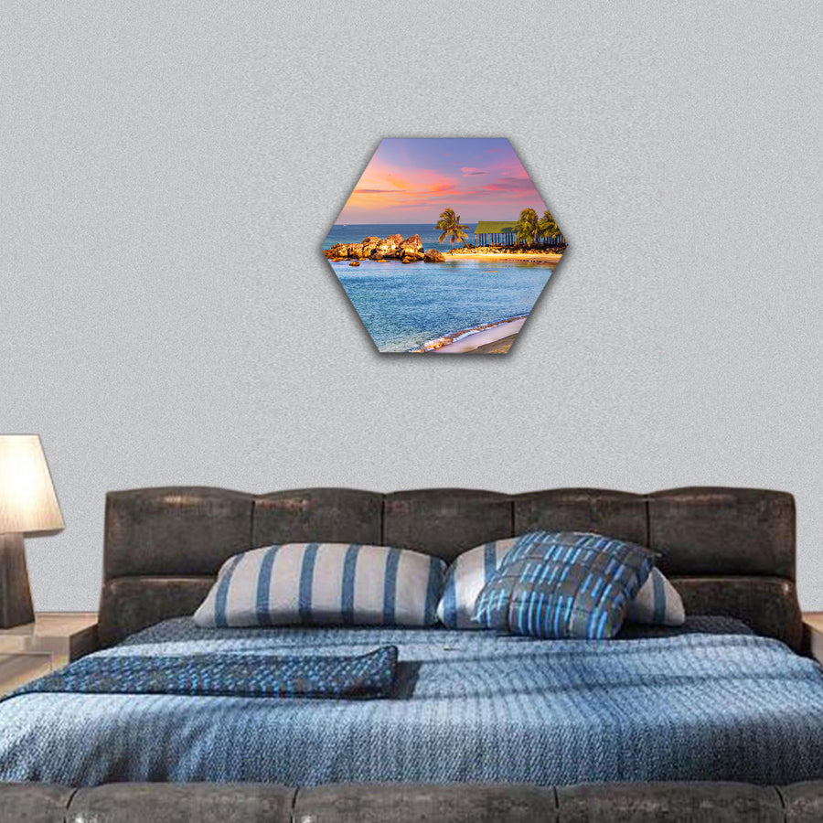 Sunrise landscape sea, granite rocky beaches on sea hexagonal canvas wall art
