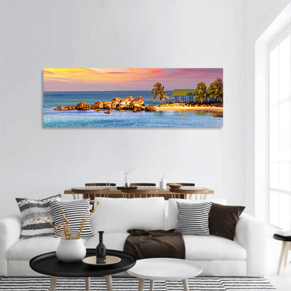 Sunrise Tropical landscape sea, granite rocky beaches panoramic canvas wall art