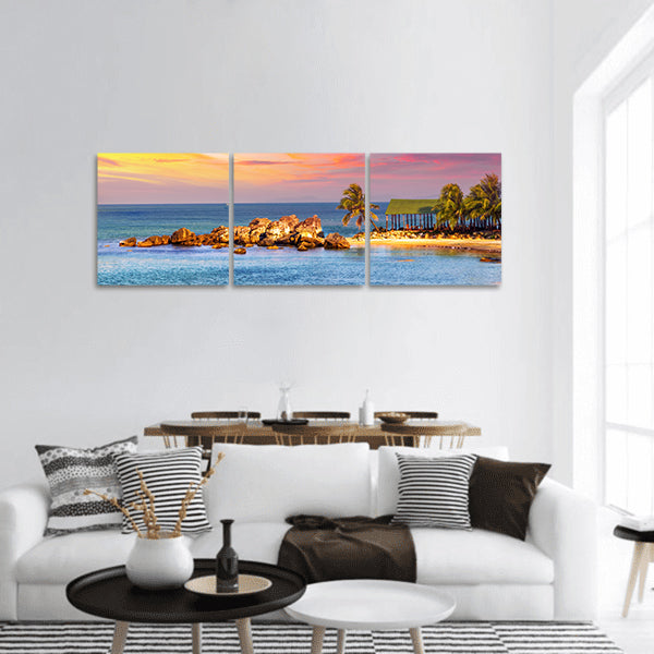 Sunrise Tropical landscape sea, granite rocky beaches panoramic canvas wall art