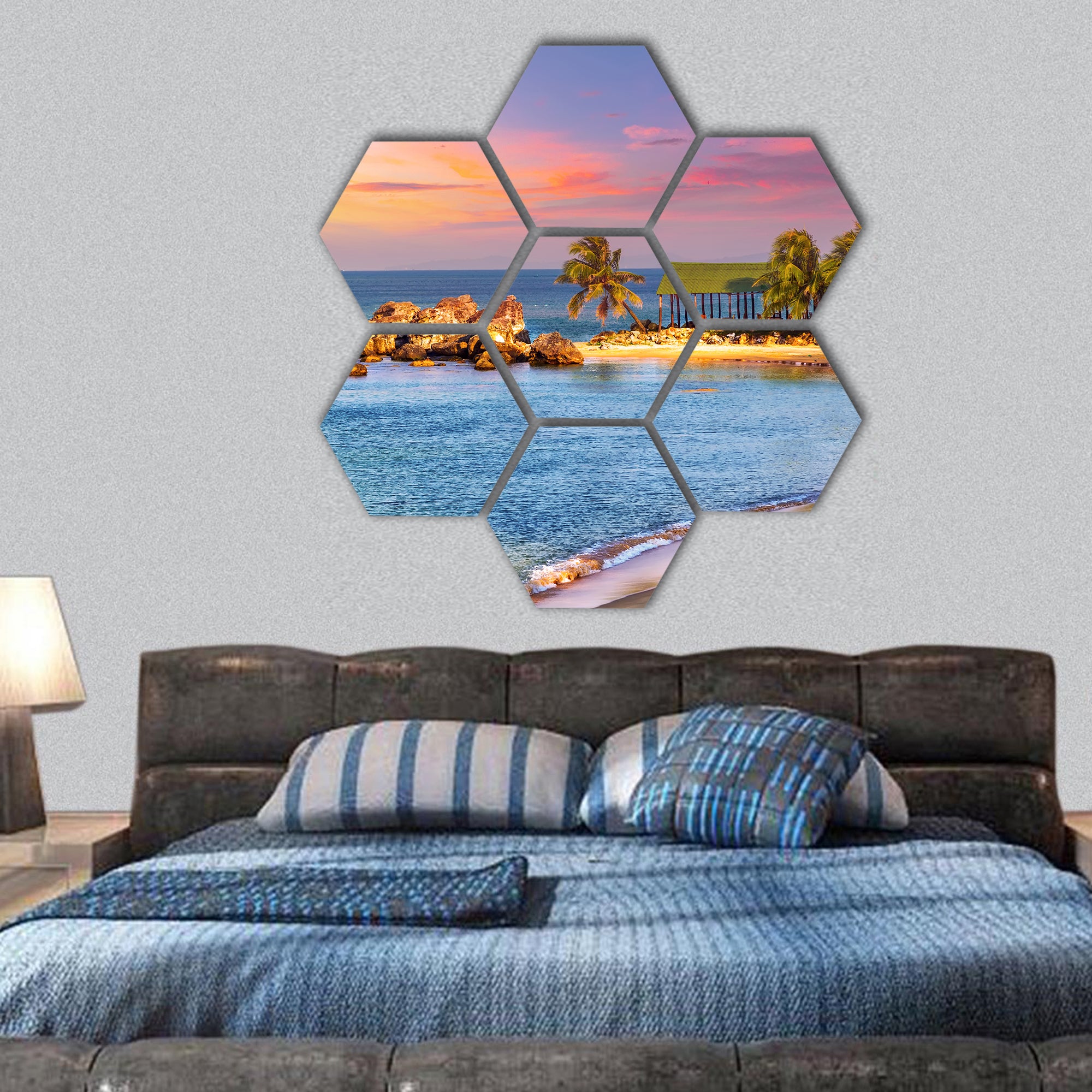 Sunrise landscape sea, granite rocky beaches on sea hexagonal canvas wall art