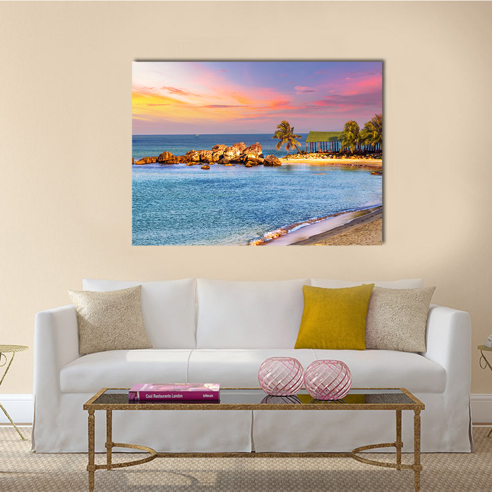 Sunrise Tropical Landscape Sea, Granite Rocky Beaches On Tropical Sea Multi Panel Canvas Wall Art
