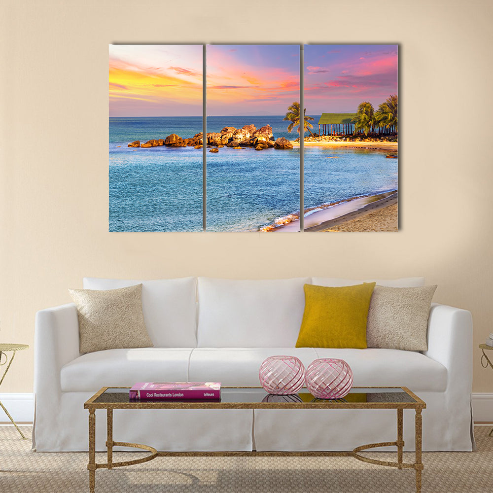 Sunrise Tropical Landscape Sea, Granite Rocky Beaches On Tropical Sea Multi Panel Canvas Wall Art